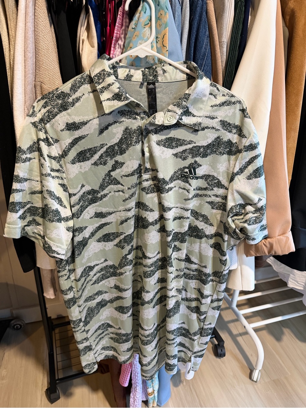 adidas Men's Green and Black Camo-Pattern Polo